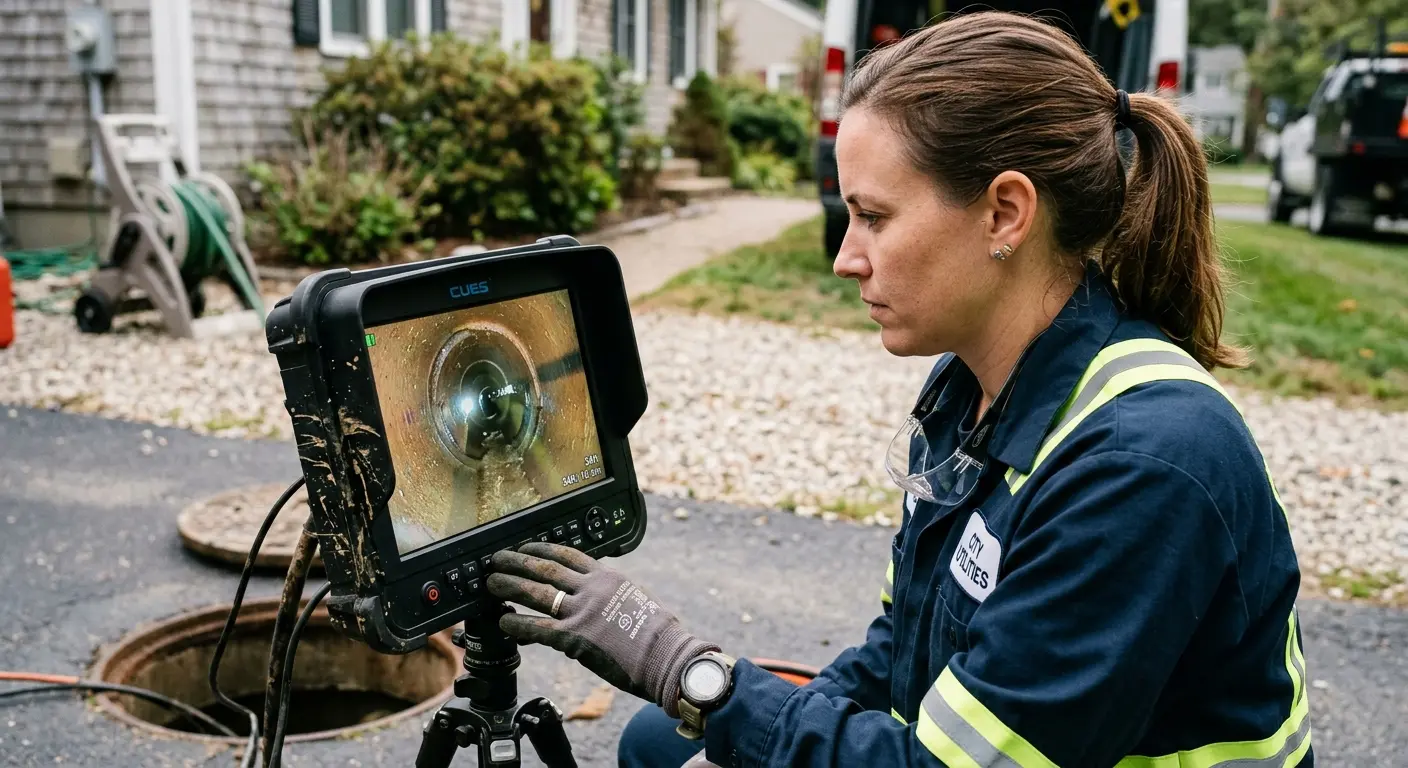 Technician reviewing sewer camera inspection footage in St. Martinville