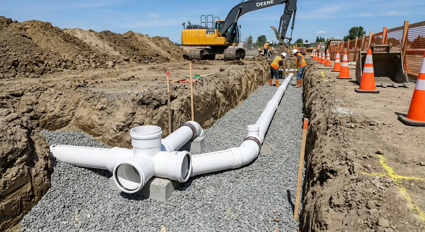 New PVC sewer pipe installation in open trench for Sewer Backup in St. Martinville