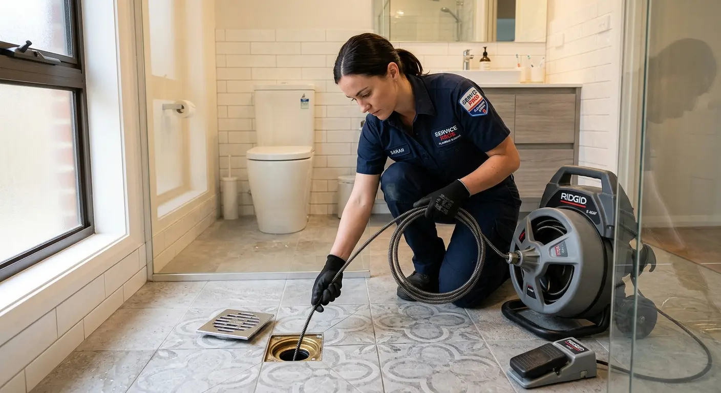 Technician clearing a bathroom floor drain for Drain Cleaning in St. Martinville